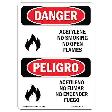 Signmission OSHA, Acetylene No Smoking No Open Flame Bilingual, 18in X 12in Rigid Plastic, OS-DS-P-1218-VS-1015 OS-DS-P-1218-VS-1015